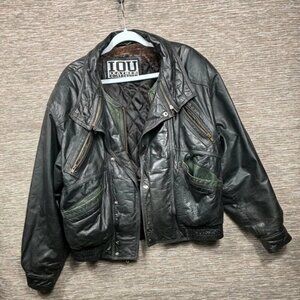 Vintage IOU Genuine Leather Bomber Biker Jacket M Black Full Zip 90s Snap Button
